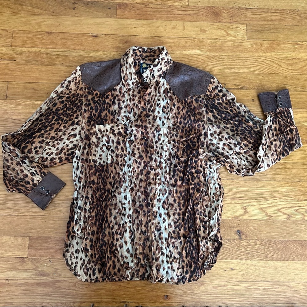 COWGIRL Leopard Leather Shoulder Patch Guard Blouse Top Costume? S M